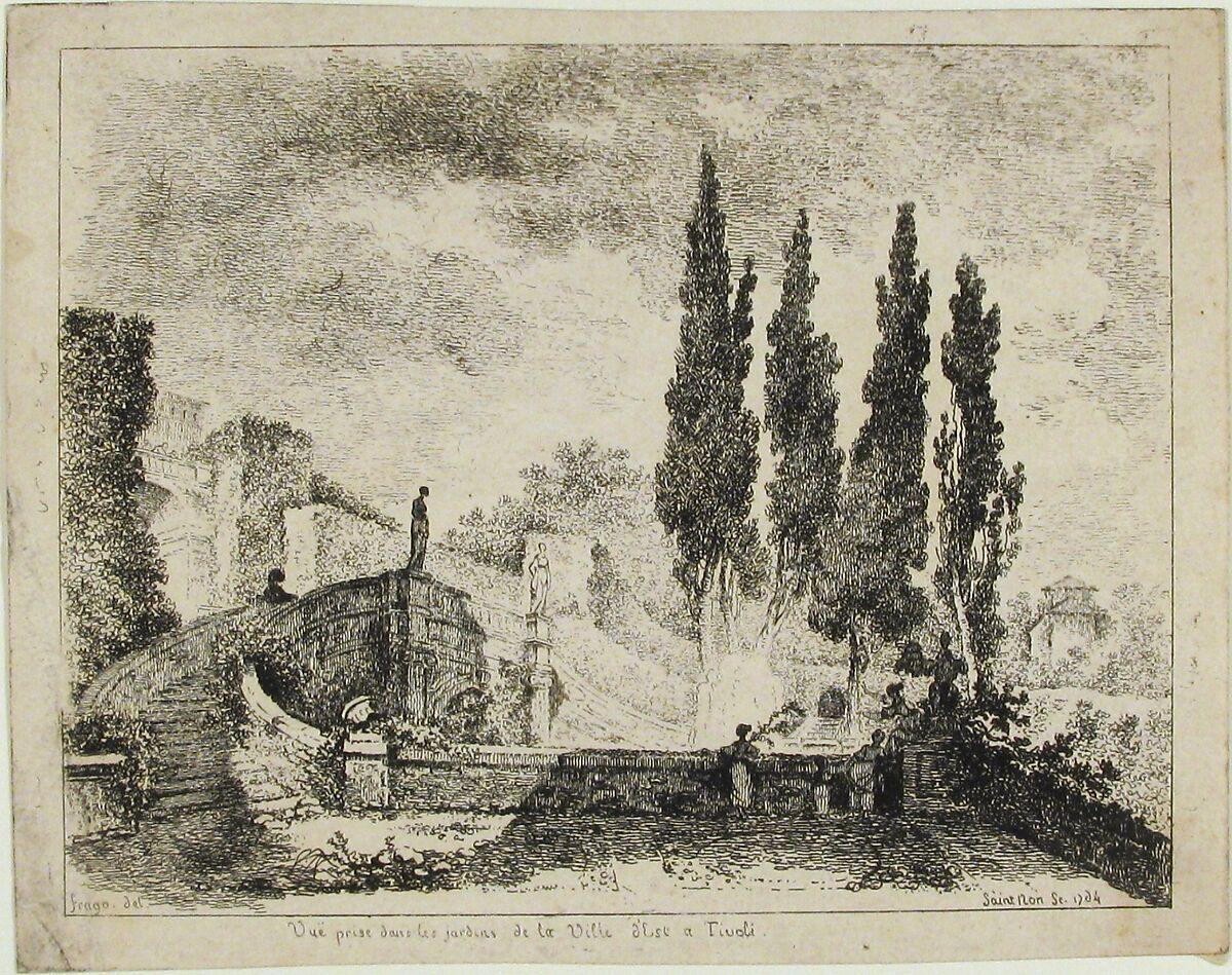 Vue prise dans les jardins de la Ville d'Est a Tivoli, Jean Claude Richard, Abbé de Saint-Non (French, Paris 1727–1791 Paris), Etching 