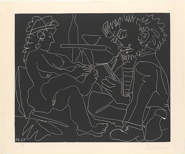 Painter Sketching and Nude Model in a Hat, Pablo Picasso (Spanish, Malaga 1881–1973 Mougins, France), Linoleum cut 