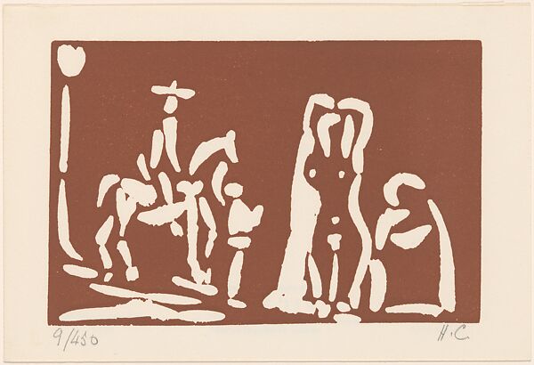 Cèlestine with a Woman, a Cavalier and His Valet, Pablo Picasso (Spanish, Malaga 1881–1973 Mougins, France), Linoleum cut 