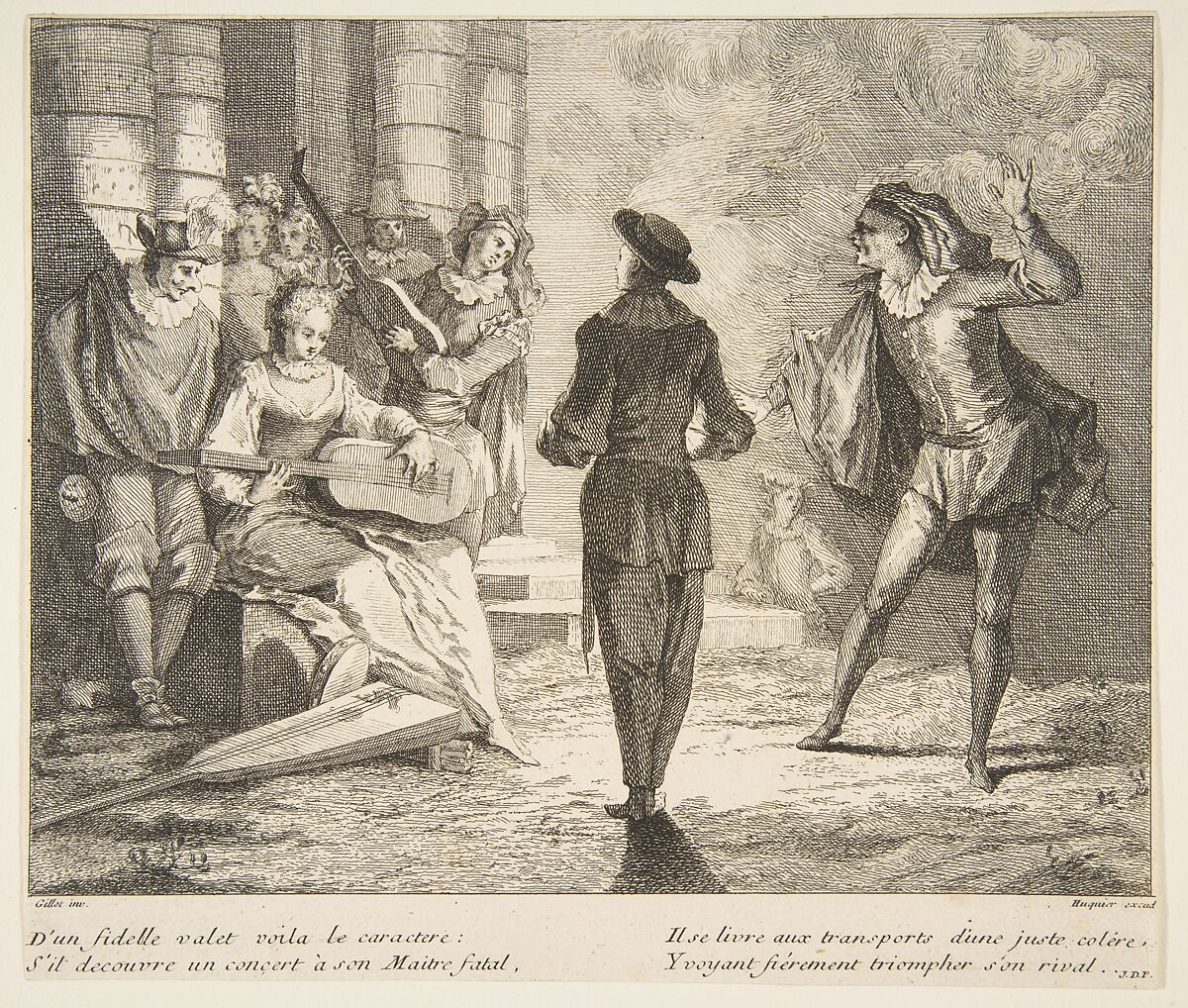Isabelle Plays Guitar for Pierrot and Scaramouche, Claude Gillot (French, Langres 1673–1722 Paris), Etching, second state 