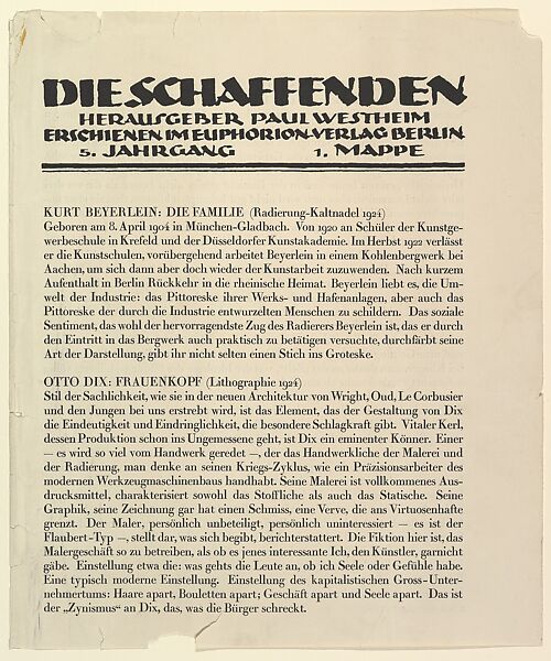Text sheet from Die Shaffenden, Otto Dix (German, Untenhaus 1891–1969 Singen) 