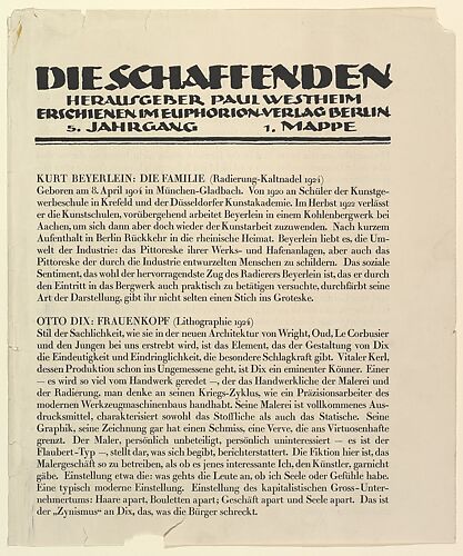 Text sheet from Die Shaffenden