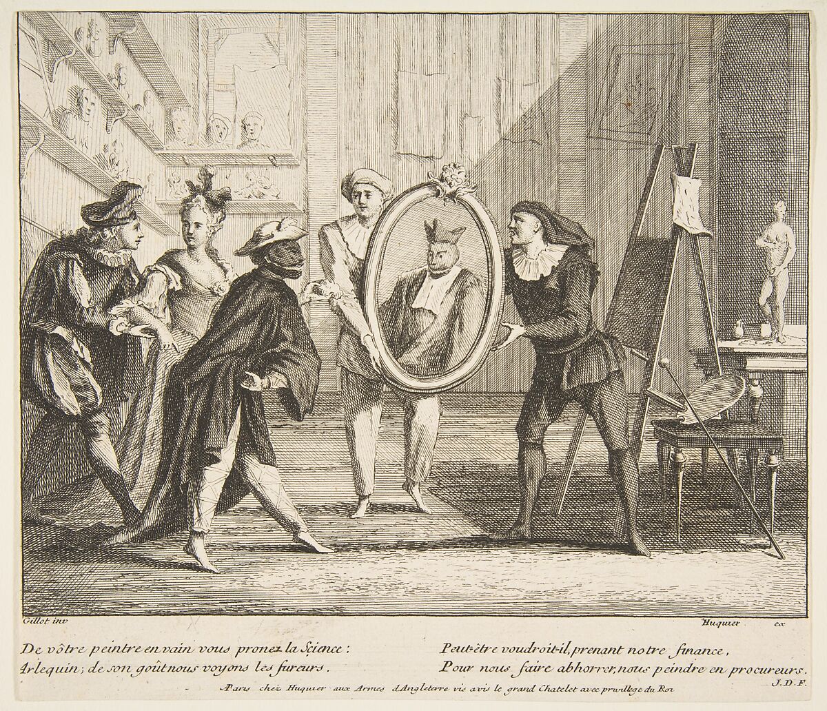 Pierrot and Scaramouche show the portrait of Harlequin, Claude Gillot (French, Langres 1673–1722 Paris), Etching, second state 