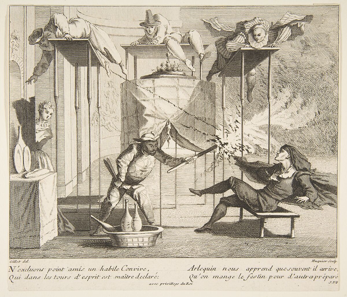 Harlequin menaces Scaramouche with a Torch, Claude Gillot (French, Langres 1673–1722 Paris), Etching, second state 