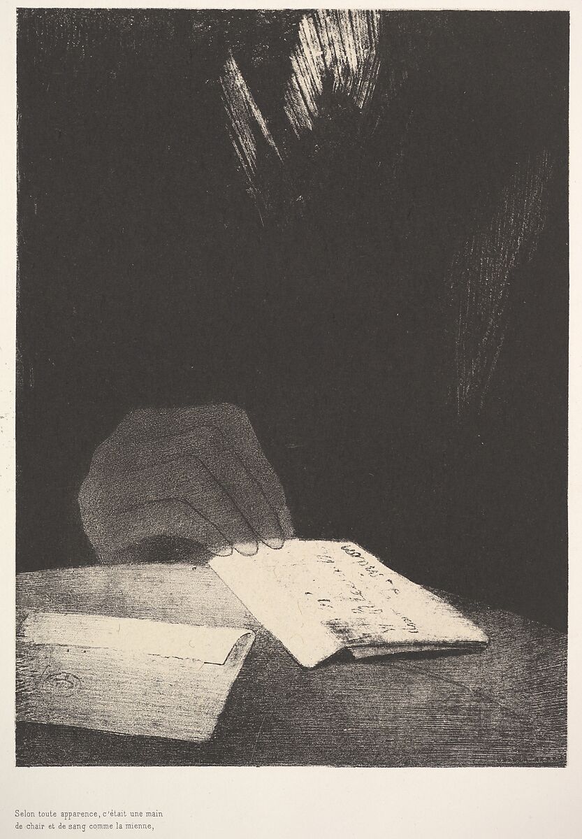 Monochromatic black and white lithograph of a hand touching a piece of paper. Black background with a dim set of white wings at the top.