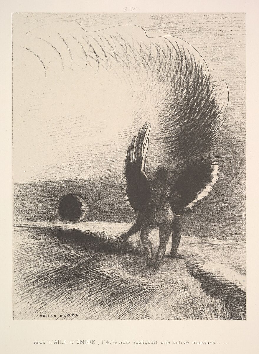 In the shadow of the wing, the black creature bit, Odilon Redon (French, Bordeaux 1840–1916 Paris), Lithograph 