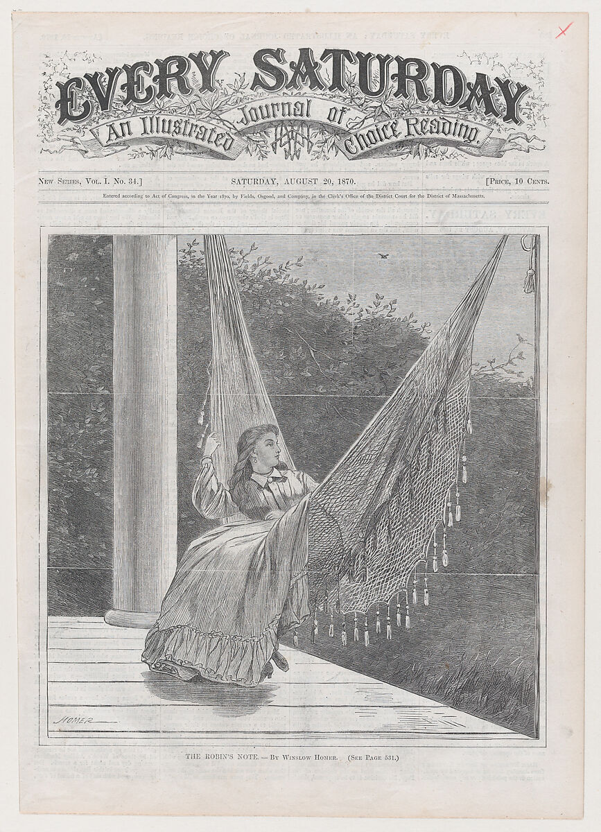 The Robin's Note (from "Every Saturday," Vol. I, New Series), After Winslow Homer (American, Boston, Massachusetts 1836–1910 Prouts Neck, Maine), Wood engraving 