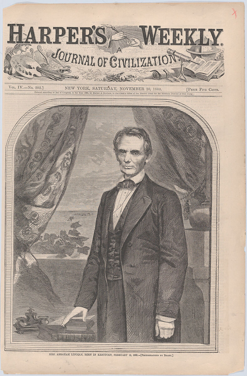 Hon. Abraham Lincoln, born in Kentucky, February 12, 1809 (from "Harper's Weekly," Vol. IV), After Mathew B. Brady (American, born Ireland, 1823?–1896 New York), Wood engraving after a photograph 