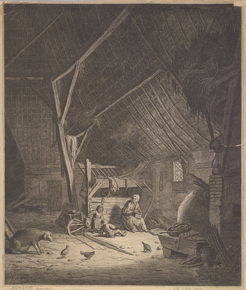 Interior of a Barn with Mother and Two Children, Right in Front a Pig (copy), After Adriaen van Ostade (Dutch, Haarlem 1610–1685 Haarlem), Engraving 