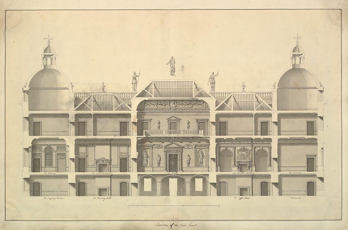 Section of the East Front, Houghton Hall, Norfolk, Isaac Ware (British, before 1704–1766 Hampstead), Pen and black ink, brush and gray wash 