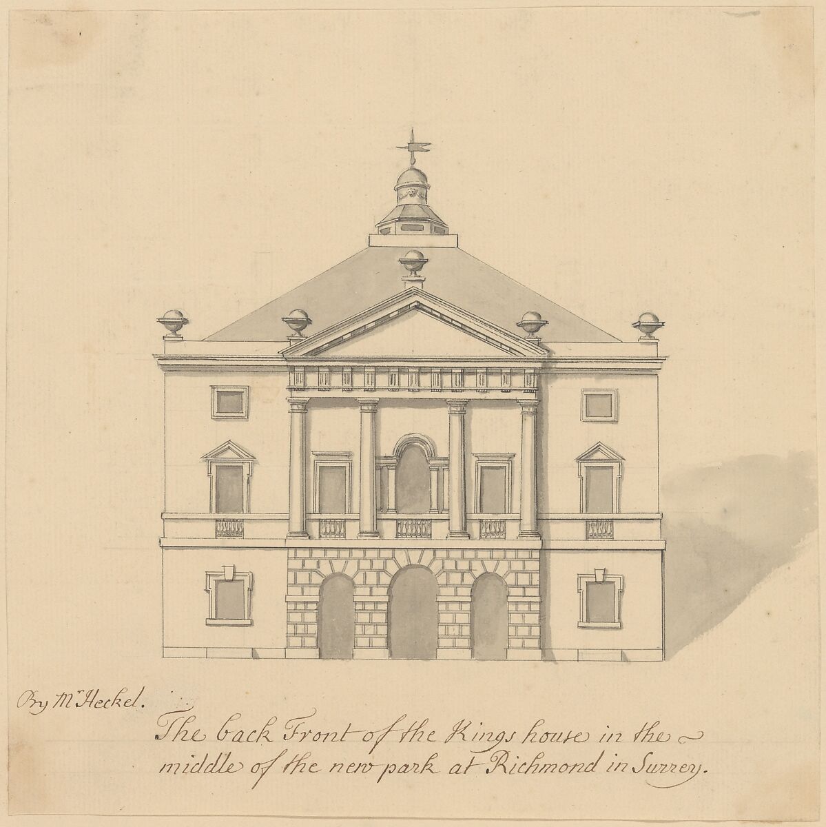 Elevation of Back Façade of the Kings House, Richmond, Surrey, Augustus Heckel (German (active Britain), Augsburg 1690–1770 Richmond), Pen and black ink, brush and gray wash