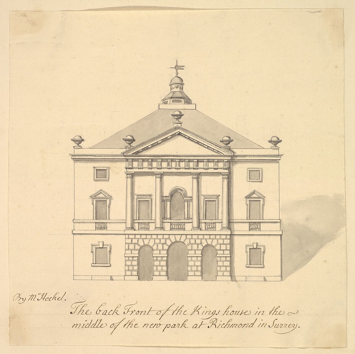 Elevation of Back Facade of the Kings House, Richmond, Surrey, Augustus Heckel (German (active Britain), Augsburg 1690–1770 Richmond), Pen and black ink, brush and gray wash 