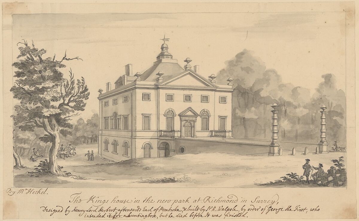 Perspective View of the Entrance Front of the Kings House, Richmond, Surrey, Augustus Heckel (German (active Britain), Augsburg 1690–1770 Richmond), Pen and black ink, brush and gray wash