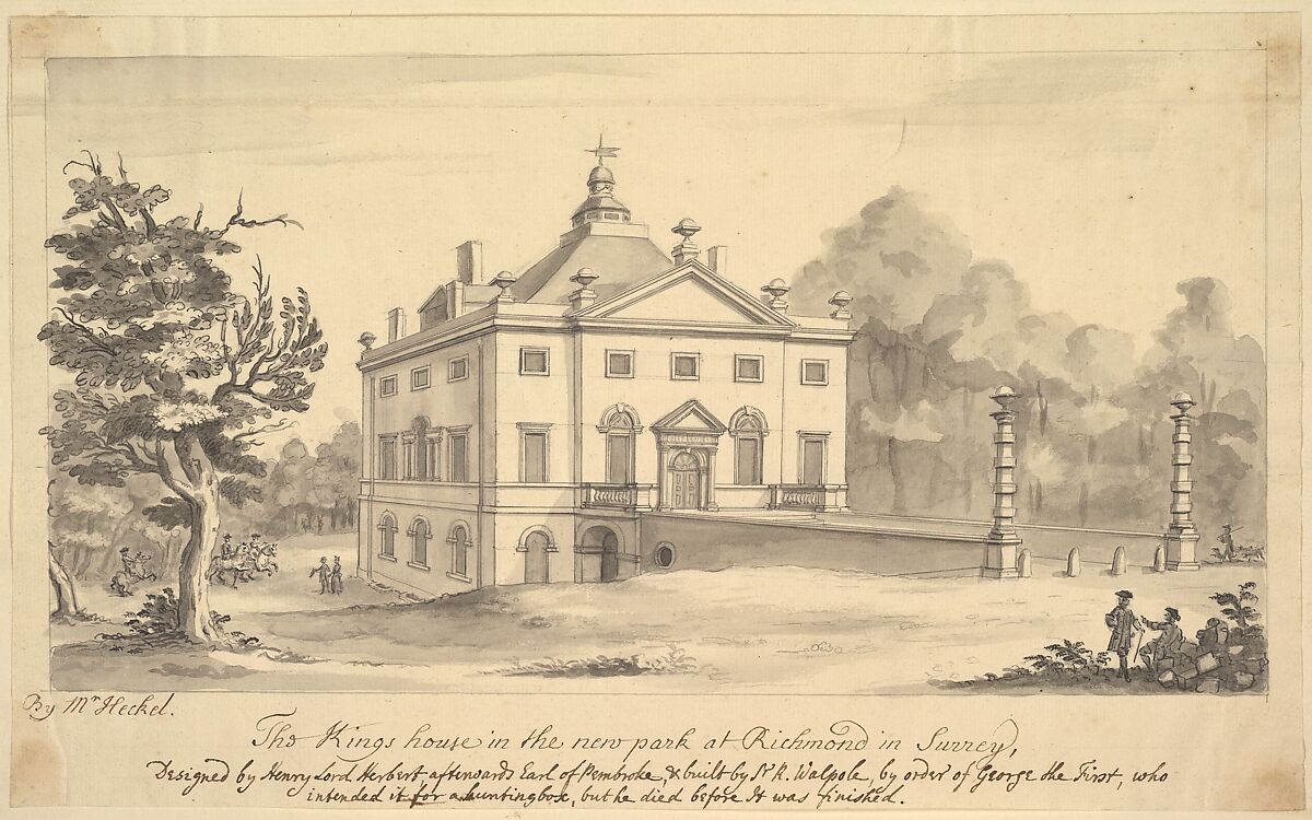 Perspective View of the Entrance Front of the Kings House, Richmond, Surrey, Augustus Heckel (German (active Britain), Augsburg 1690–1770 Richmond), Pen and black ink, brush and gray wash 