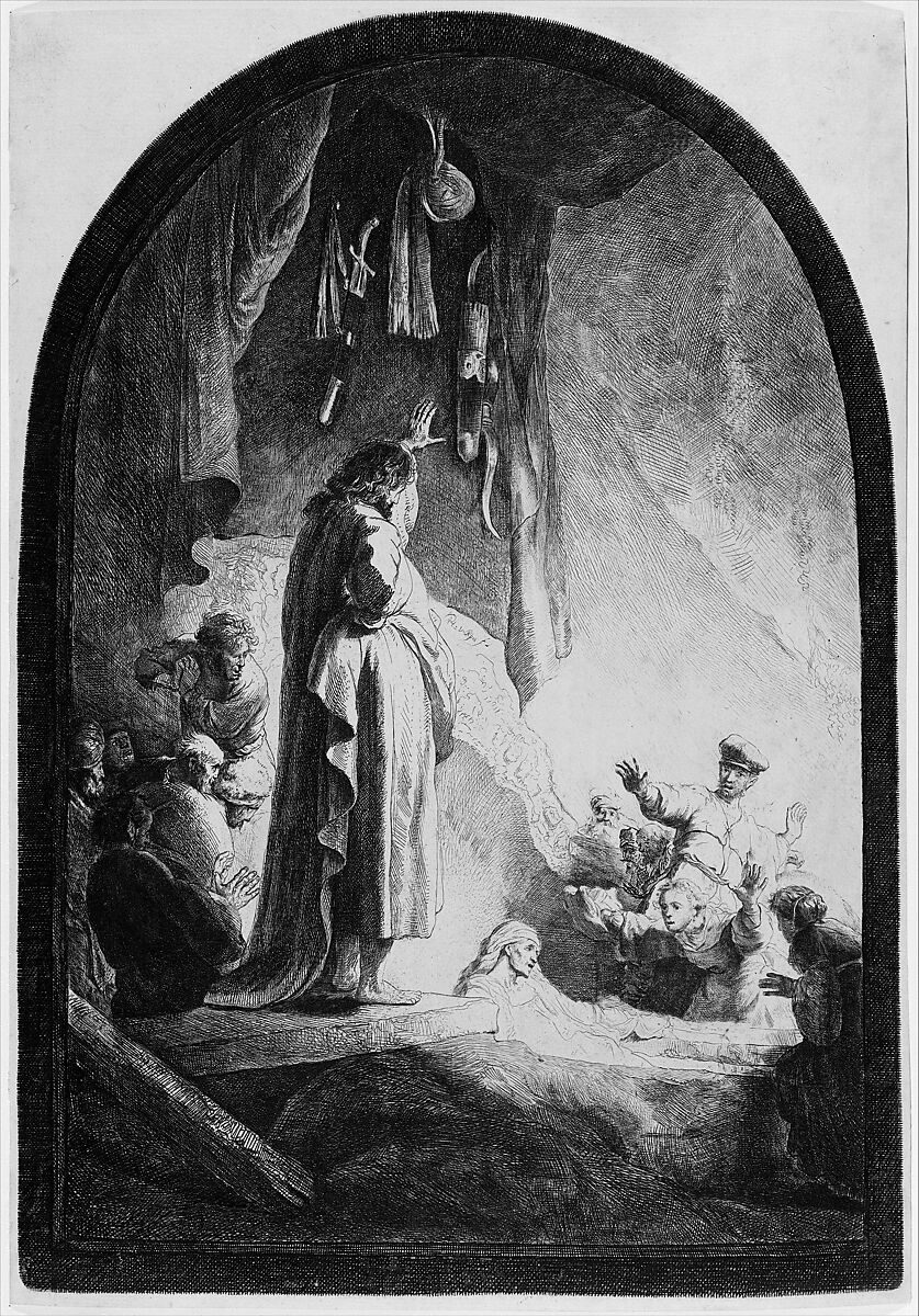 The Raising of Lazarus: The Larger Plate, Rembrandt (Rembrandt van Rijn) (Dutch, Leiden 1606–1669 Amsterdam), Etching and engraving; New Holl.'s seventh state of nine 