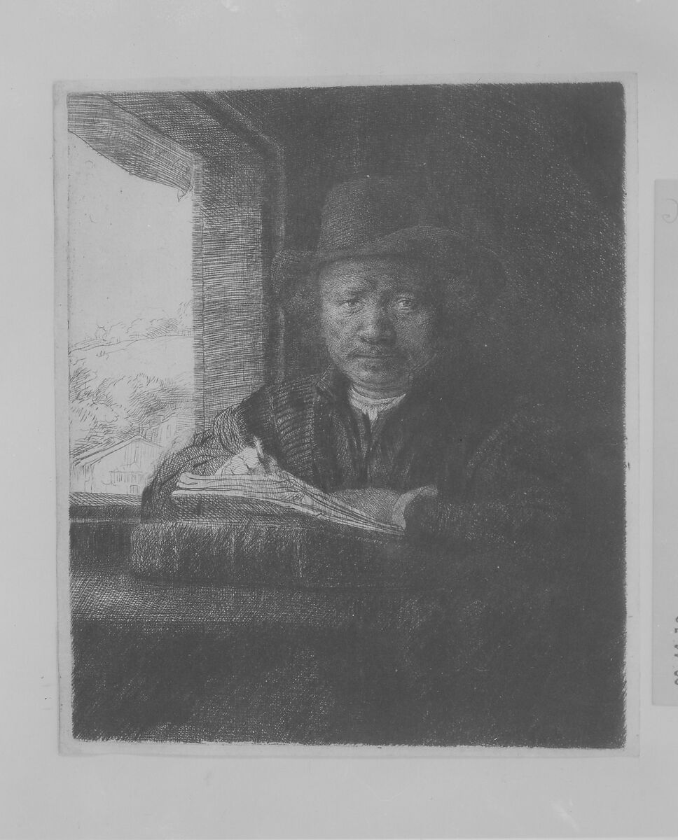 Self-Portrait Etching at a Window, Rembrandt (Rembrandt van Rijn) (Dutch, Leiden 1606–1669 Amsterdam), Etching, drypoint, and burin; fourth of nine states