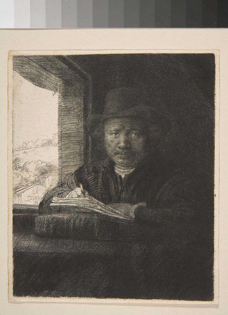 Self-Portrait Etching at a Window, Rembrandt (Rembrandt van Rijn) (Dutch, Leiden 1606–1669 Amsterdam), Etching, drypoint, and burin; fourth of nine states