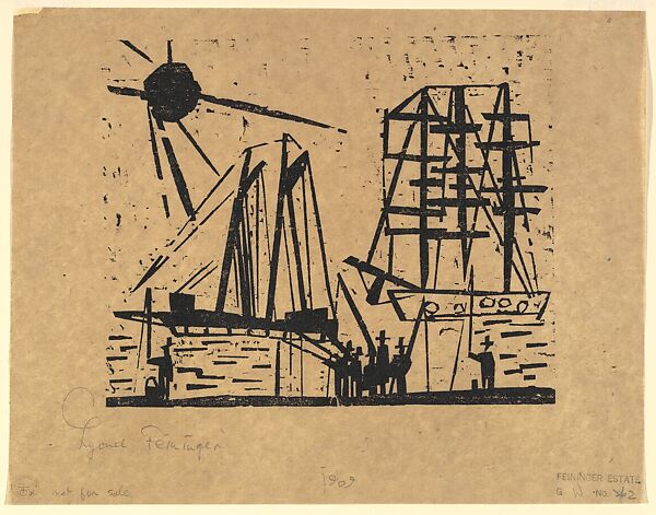 Anglers with Sun and Ships (Angler mit Sonne und Schiffen), Lyonel Charles Feininger (American, New York 1871–1956 New York), Woodcut 