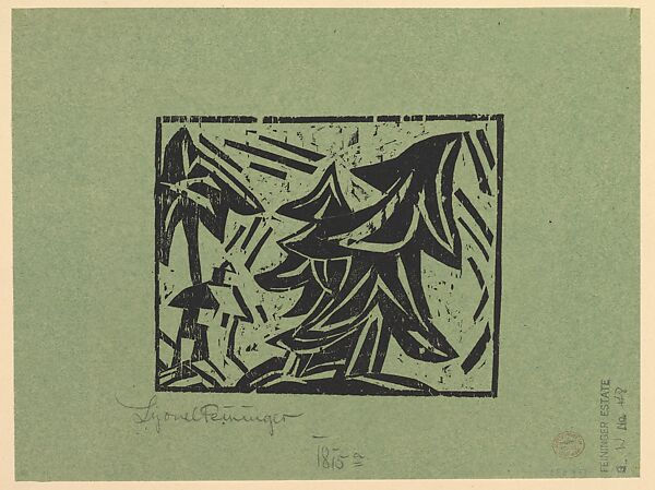 Fir trees (Tannen), Lyonel Charles Feininger (American, New York 1871–1956 New York), Woodcut on green tissue paper 