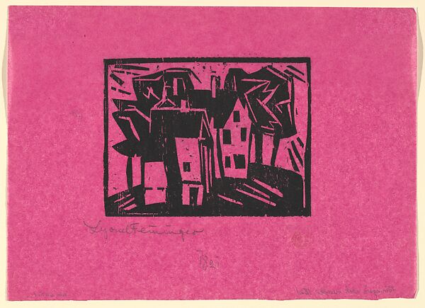 Houses (Hauser), Lyonel Charles Feininger (American, New York 1871–1956 New York), Woodcut on pink paper 