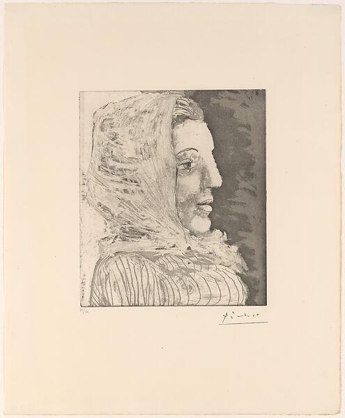 Bust of a Woman with a Kerchief, Pablo Picasso (Spanish, Malaga 1881–1973 Mougins, France), Aquatint and drypoint 