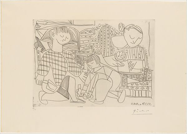 Françoise, Claude, Paloma: Reading and Playing I, Pablo Picasso (Spanish, Malaga 1881–1973 Mougins, France), Etching 