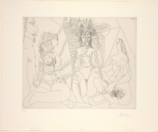 Three Women Passing the TIme with a Stern Spectator, from 347 Suite, Pablo Picasso (Spanish, Malaga 1881–1973 Mougins, France), Etching 