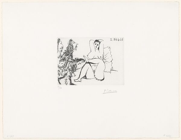 Three Musketeers Greet a Woman in Bed, from 347 Suite, Pablo Picasso (Spanish, Malaga 1881–1973 Mougins, France), Sugar-lift aquatint 