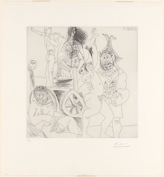 Itinerant Players with Owl and Jester Embracing a Woman, from 347 Suite, Pablo Picasso (Spanish, Malaga 1881–1973 Mougins, France), Etching and drypoint 