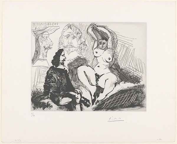 Seated Man near a Woman Combing Her Hair, from 347 Suite, Pablo Picasso (Spanish, Malaga 1881–1973 Mougins, France), Sugar- lift aquatint and drypoint 