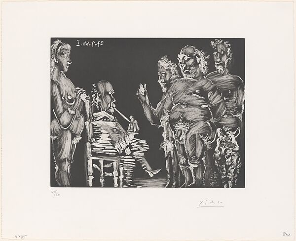 Three Old Friends Visiting: Man Smoking, Woman Keeping Watch, from 347 Suite, Pablo Picasso (Spanish, Malaga 1881–1973 Mougins, France), Aquatint 