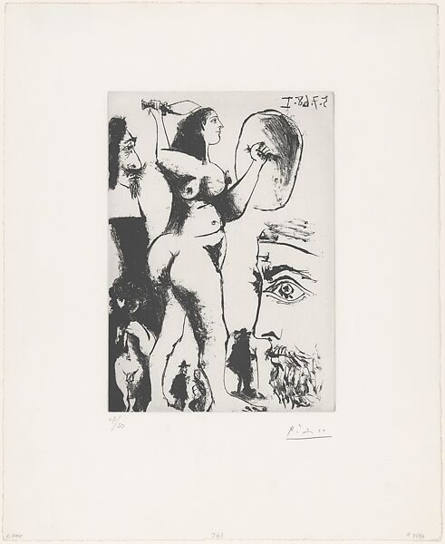 Artist Thinking of a Fighting Woman with Musketeer, Cupid and Small Characters, from 347 Suite, Pablo Picasso (Spanish, Malaga 1881–1973 Mougins, France), Sugar lift and aquatint 