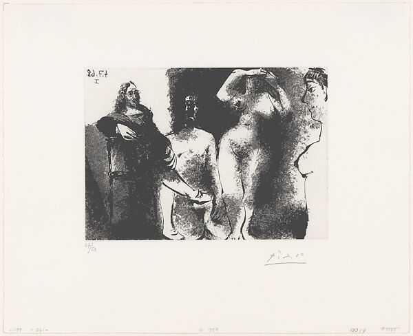 Rembrandtesque Man Seated with Girls, from 347 Suite, Pablo Picasso (Spanish, Malaga 1881–1973 Mougins, France), Sugar-lift aquatint 