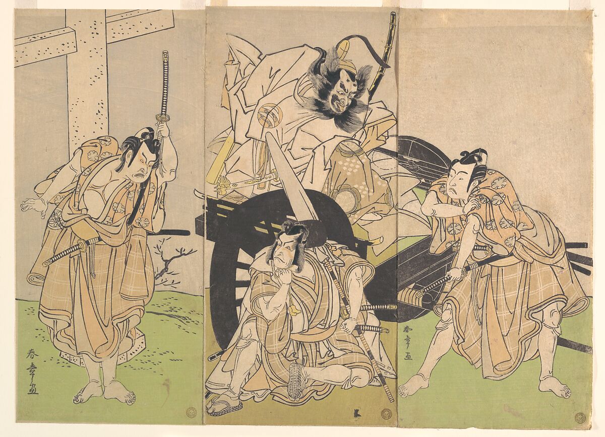 Kabuki Actors Ichikawa Yaozō II, Nakajima Mihoemon II, Ichikawa Ebizō III, and Ichimura Uzaemon IX in the Play Sugawara’s Secrets of Calligraphy (Sugawara denju tenarai kagami), Katsukawa Shunshō　勝川春章 (Japanese, 1726–1792), One sheet of a triptych of woodblock prints (nishiki-e); ink and color on paper, Japan 