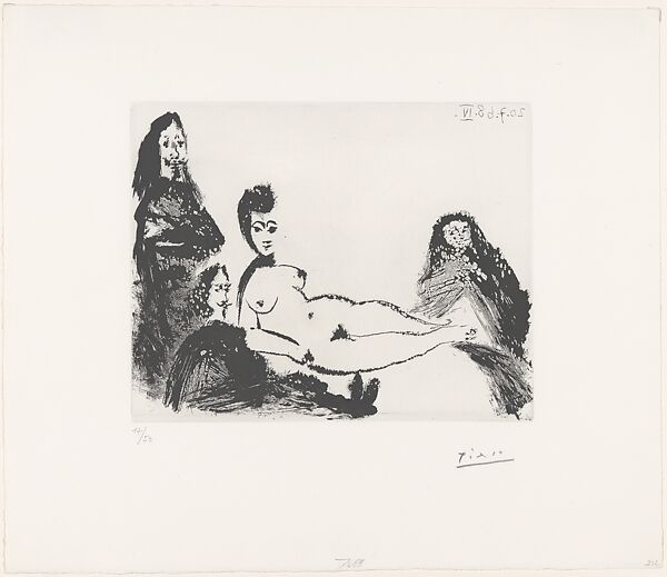 Jacqueline as Nude Maja, with Célestine and Two Musketeers, from 347 Suite, Pablo Picasso (Spanish, Malaga 1881–1973 Mougins, France), Sugar-lift aquatint 