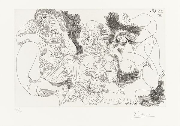 Seated Old Man with a Woman and Dancer, from 347 Suite, Pablo Picasso (Spanish, Malaga 1881–1973 Mougins, France), Etching 