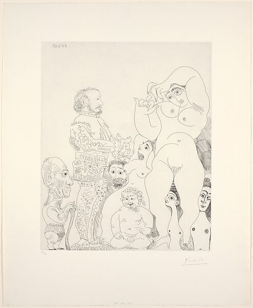 Self Portrait with a Cane with a Comedian in Costume, Cupid, and Women, from 347 Suite, Pablo Picasso (Spanish, Malaga 1881–1973 Mougins, France), Etching 