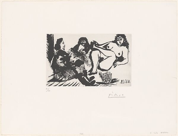Cavalier Visiting a Girl with Célestine and a Little Dog, from 347 Suite, Pablo Picasso (Spanish, Malaga 1881–1973 Mougins, France), Sugar-lift aquatint 
