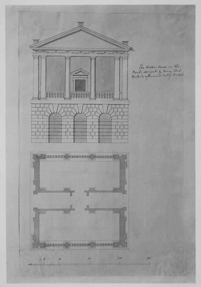 The Water House in the Park, Houghton, Norfolk, Plan and Elevation of the Portico Front, Henry Herbert, 9th Earl of Pembroke (British, ca. 1689/93–1751), Pen and black ink, brush and gray wash 