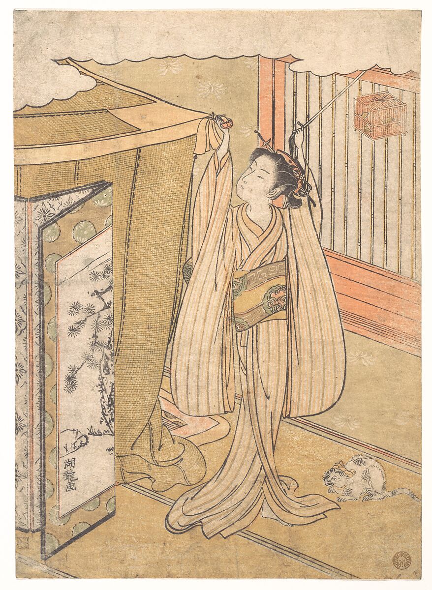 A Girl Hanging up a Mosquito Net Canopy over Her Bed., Isoda Koryūsai (Japanese, 1735–ca. 1790), Woodblock print; ink and color on paper, Japan 