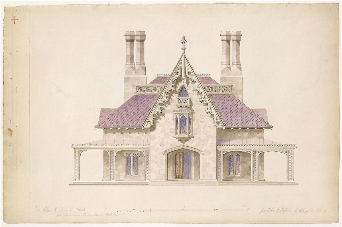 House for William J. Rotch, New Bedford, Massachusetts (front elevation), Alexander Jackson Davis (American, New York 1803–1892 West Orange, New Jersey), Watercolor, ink and graphite 