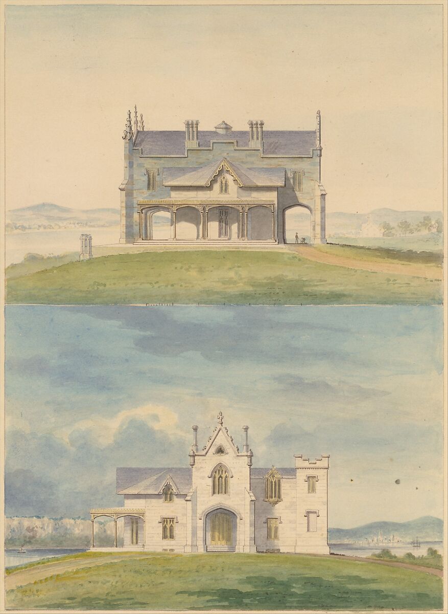 Knoll for William and Philip R. Paulding, Tarrytown (south and east [front] elevations), Alexander Jackson Davis (American, New York 1803–1892 West Orange, New Jersey), Watercolor and ink on paper 