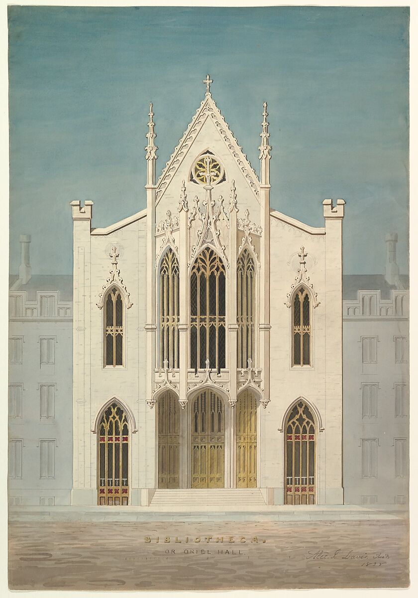 Study for a Library (front elevation), Alexander Jackson Davis (American, New York 1803–1892 West Orange, New Jersey), Watercolor, ink and graphite on paper 