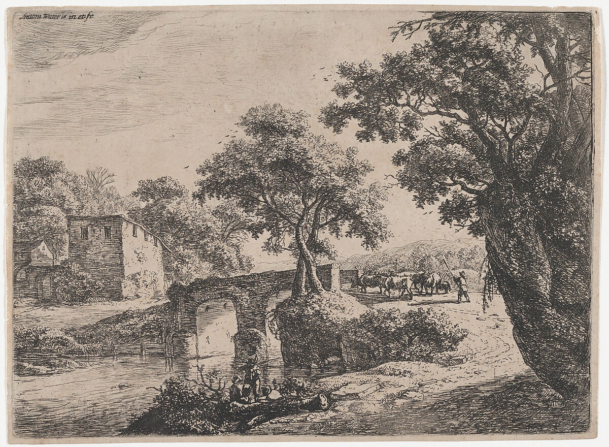 Herd Near a Stone Bridge, Etched by Anthonie Waterloo (Dutch, Lille 1609–1690 Utrecht), Etching 