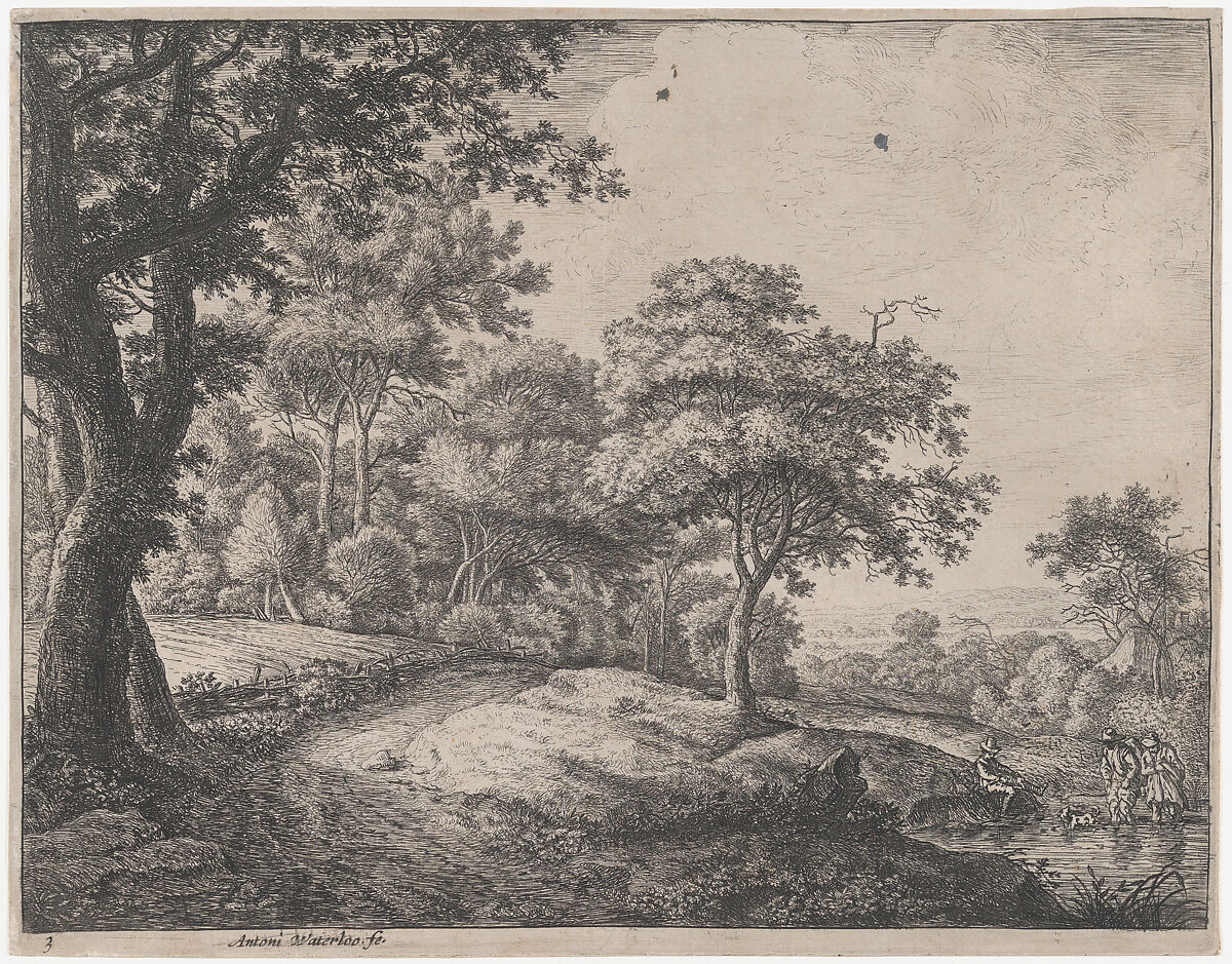 Man and Woman Crossing a Stream, Etched by Anthonie Waterloo (Dutch, Lille 1609–1690 Utrecht), Etching; first state of four 