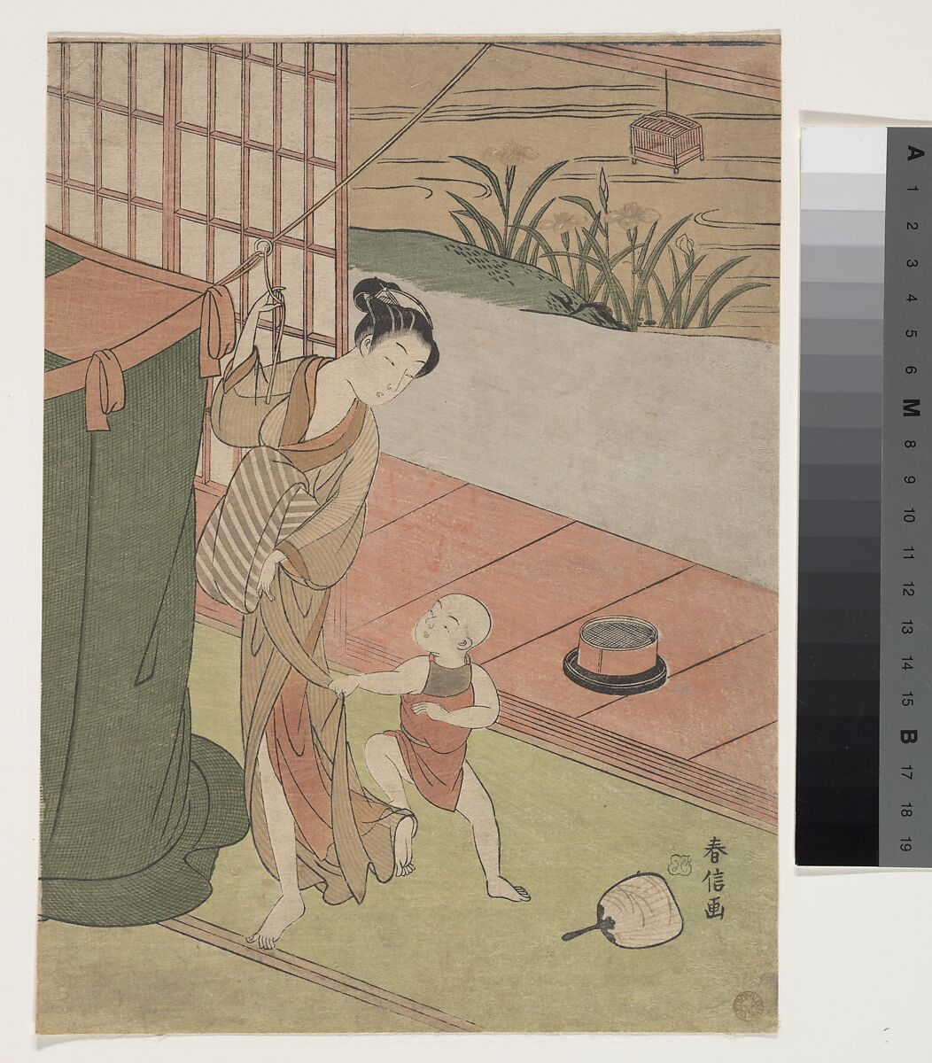 Mother and Son by a Mosquito Net, Suzuki Harunobu (Japanese, 1725–1770), Woodblock print; ink and color on paper, Japan 