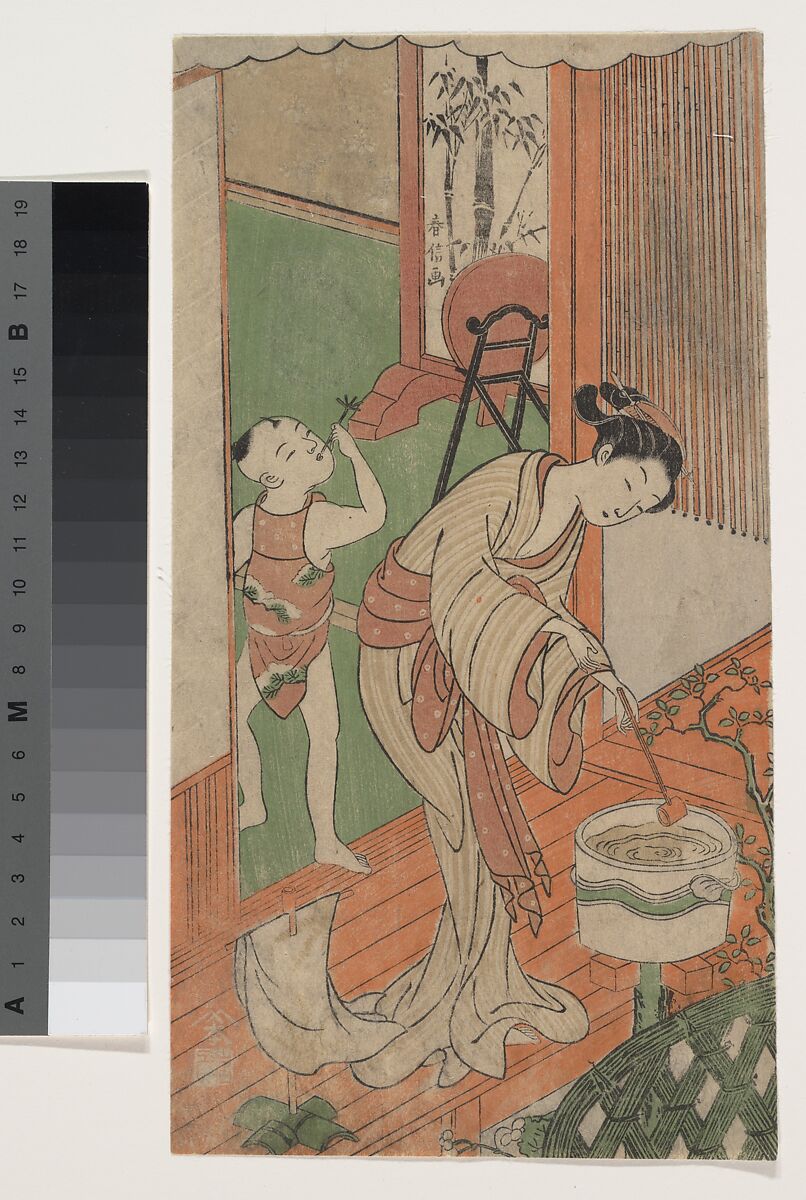 On the Veranda, Suzuki Harunobu (Japanese, 1725–1770), Woodblock print; ink and color on paper, Japan 