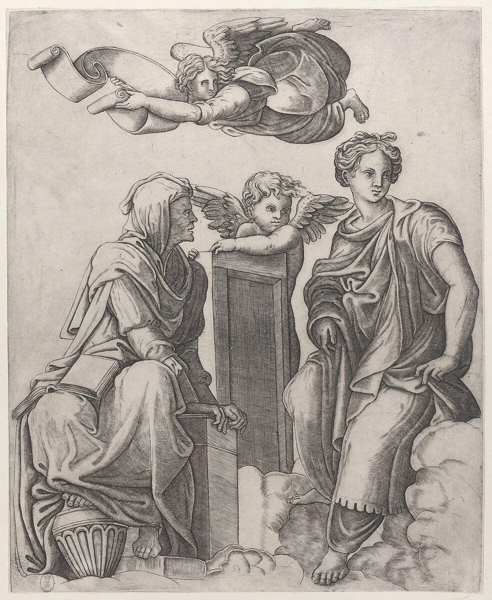 Two female figures seated in the clouds flanking an angel and another flying above carrying a banderole, Giovanni Antonio da Brescia (Italian, active ca. 1490–ca. 1525), Engraving 