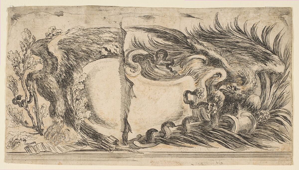 Two Different Halves of Cartouches Each Showing an Eagle Fighting a Serpent, Stefano della Bella (Italian, Florence 1610–1664 Florence), Etching, proof with additions in brown pen and ink and black chalk 