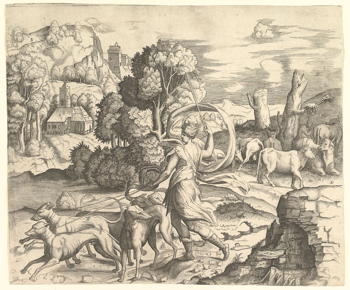 Diana the Huntress in a Landscape, Vincenzo Caccianemici (Italian, died 1542), Engraving 